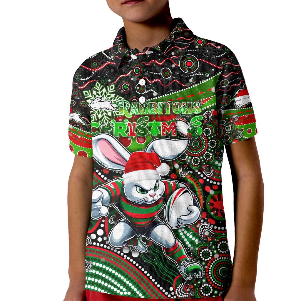 Merry Christmas Rabbitohs Kid Polo Shirt Aboriginal Santa Rugby Mascot - South Sydney Bunnies