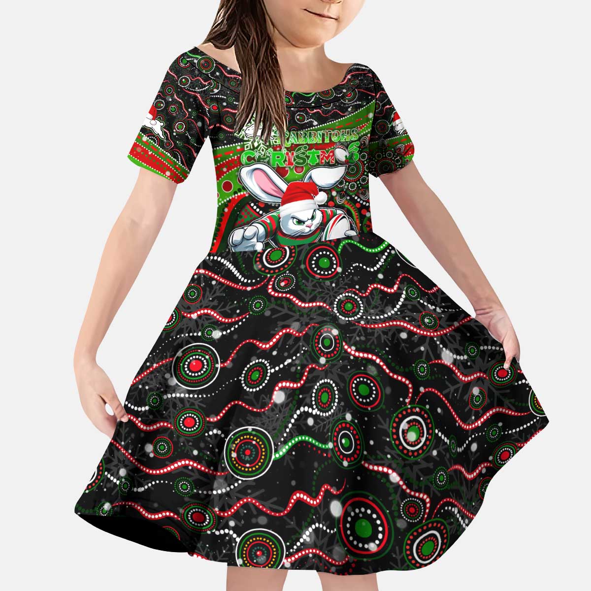 Merry Christmas Rabbitohs Kid Short Sleeve Dress Aboriginal Santa Rugby Mascot - South Sydney Bunnies