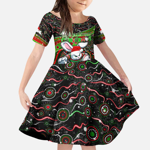 Merry Christmas Rabbitohs Kid Short Sleeve Dress Aboriginal Santa Rugby Mascot - South Sydney Bunnies