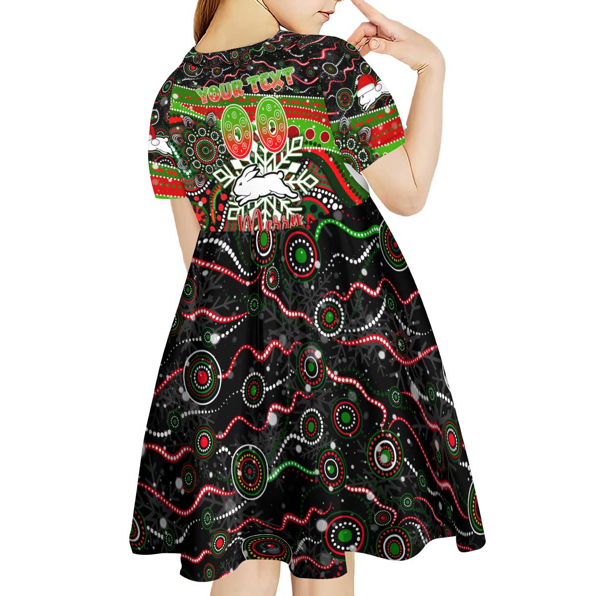 Merry Christmas Rabbitohs Kid Short Sleeve Dress Aboriginal Santa Rugby Mascot - South Sydney Bunnies