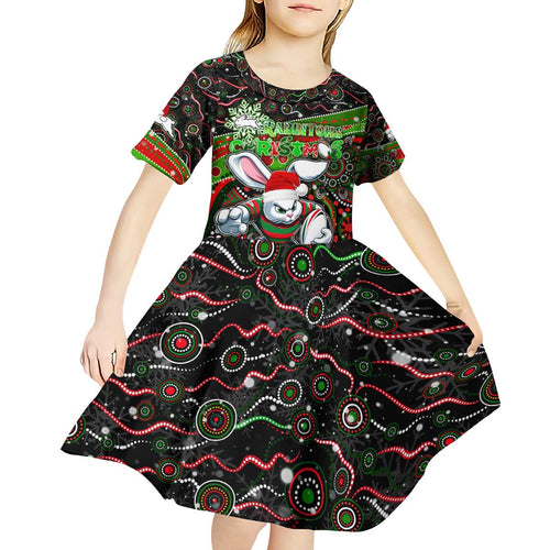 Merry Christmas Rabbitohs Kid Short Sleeve Dress Aboriginal Santa Rugby Mascot - South Sydney Bunnies