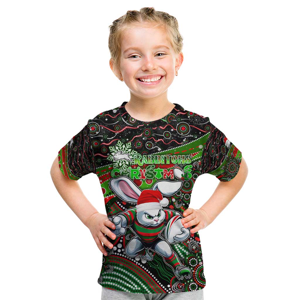Merry Christmas Rabbitohs Kid T Shirt Aboriginal Santa Rugby Mascot - South Sydney Bunnies