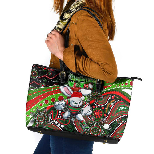 Merry Christmas Rabbitohs Leather Tote Bag Aboriginal Santa Rugby Mascot - South Sydney Bunnies