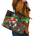 Merry Christmas Rabbitohs Leather Tote Bag Aboriginal Santa Rugby Mascot - South Sydney Bunnies
