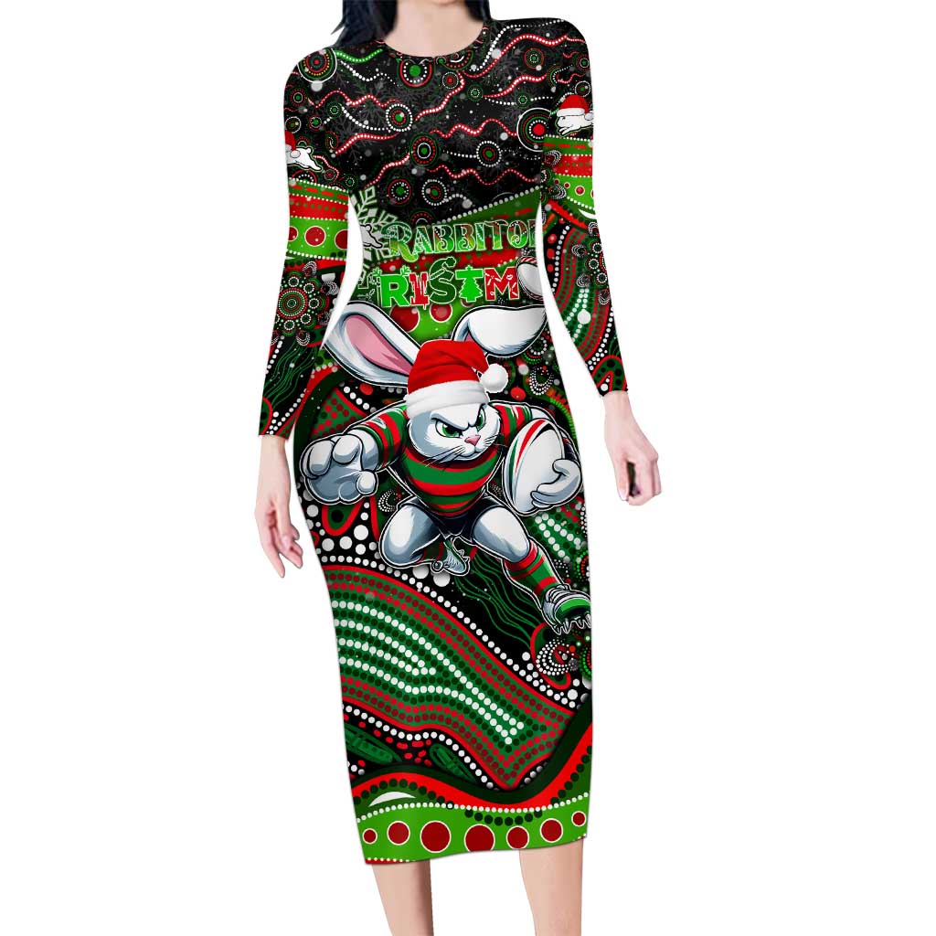 Merry Christmas Rabbitohs Long Sleeve Bodycon Dress Aboriginal Santa Rugby Mascot - South Sydney Bunnies