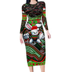 Merry Christmas Rabbitohs Long Sleeve Bodycon Dress Aboriginal Santa Rugby Mascot - South Sydney Bunnies