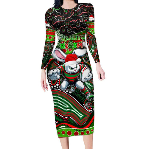 Merry Christmas Rabbitohs Long Sleeve Bodycon Dress Aboriginal Santa Rugby Mascot - South Sydney Bunnies