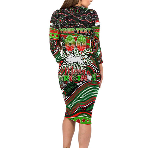 Merry Christmas Rabbitohs Long Sleeve Bodycon Dress Aboriginal Santa Rugby Mascot - South Sydney Bunnies