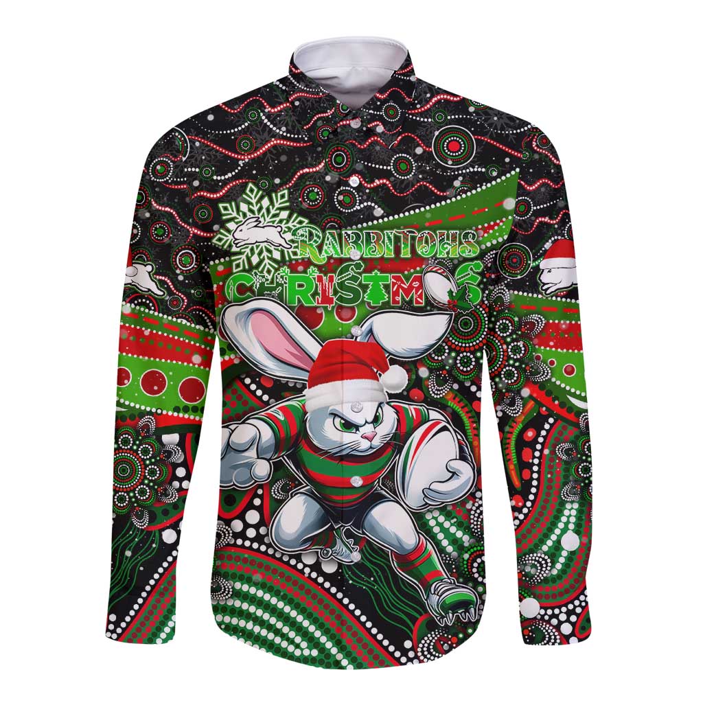 Merry Christmas Rabbitohs Long Sleeve Button Shirt Aboriginal Santa Rugby Mascot - South Sydney Bunnies
