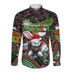 Merry Christmas Rabbitohs Long Sleeve Button Shirt Aboriginal Santa Rugby Mascot - South Sydney Bunnies