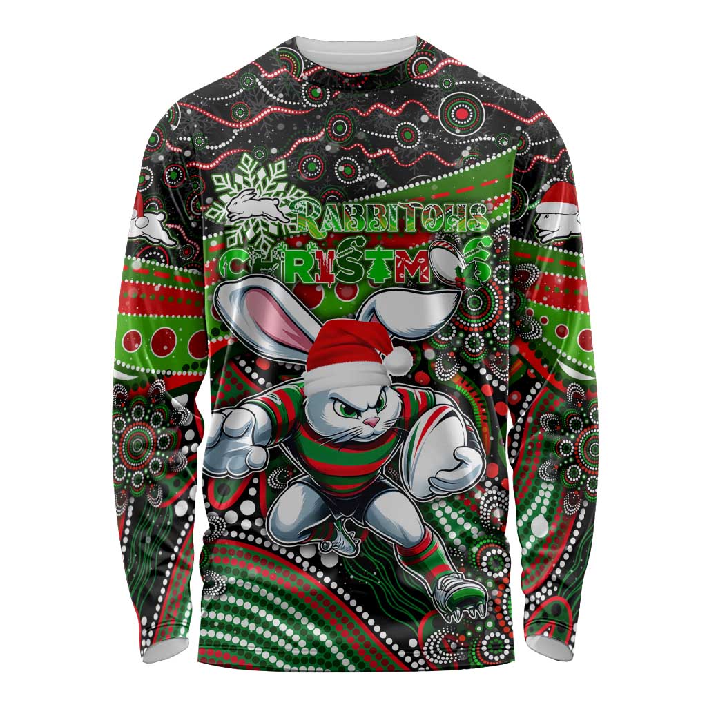 Merry Christmas Rabbitohs Long Sleeve Shirt Aboriginal Santa Rugby Mascot - South Sydney Bunnies