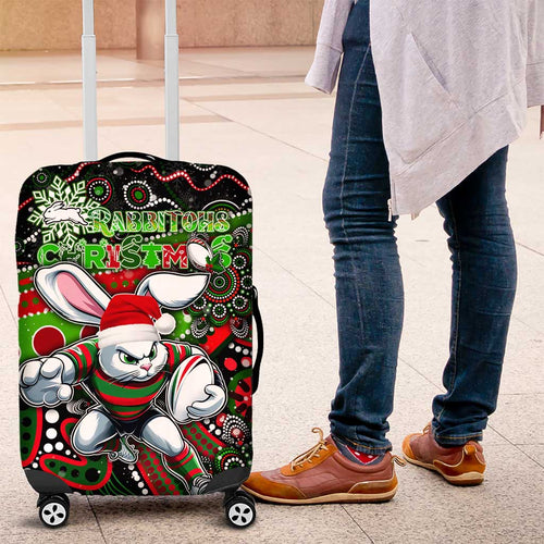Merry Christmas Rabbitohs Luggage Cover Aboriginal Santa Rugby Mascot - South Sydney Bunnies