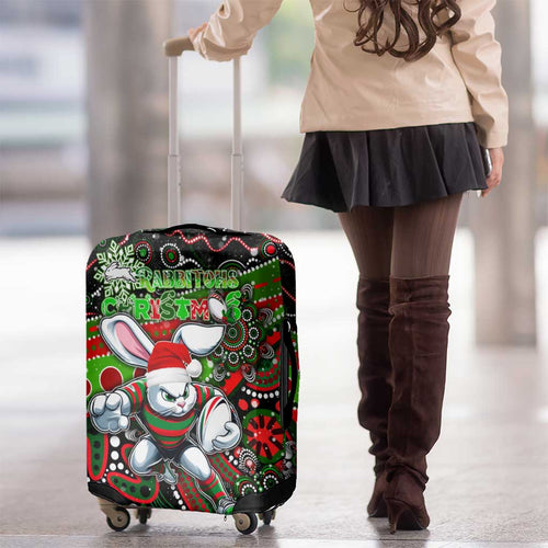 Merry Christmas Rabbitohs Luggage Cover Aboriginal Santa Rugby Mascot - South Sydney Bunnies