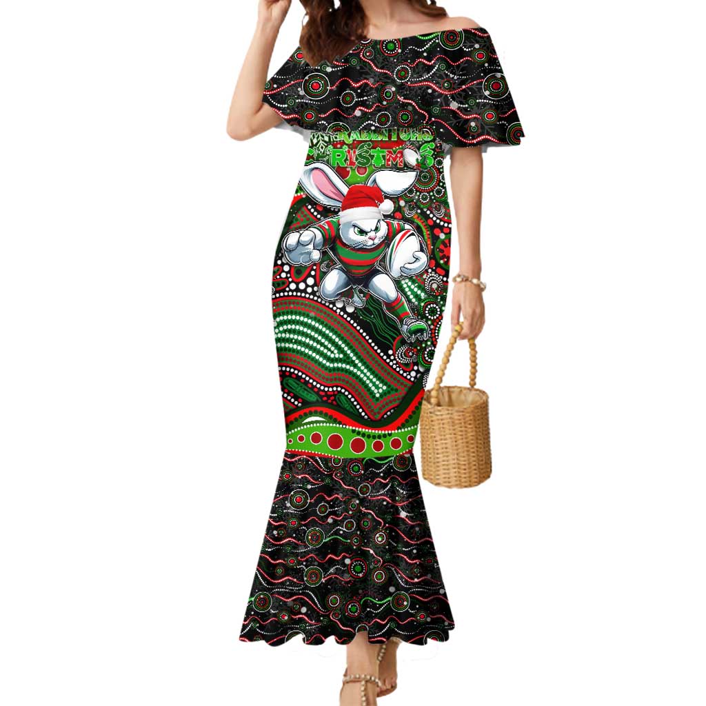 Merry Christmas Rabbitohs Mermaid Dress Aboriginal Santa Rugby Mascot - South Sydney Bunnies