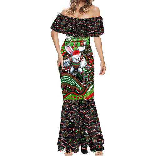 Merry Christmas Rabbitohs Mermaid Dress Aboriginal Santa Rugby Mascot - South Sydney Bunnies