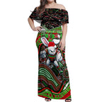 Merry Christmas Rabbitohs Off Shoulder Maxi Dress Aboriginal Santa Rugby Mascot - South Sydney Bunnies
