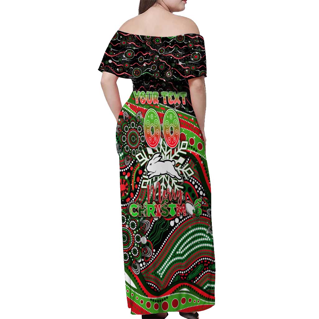 Merry Christmas Rabbitohs Off Shoulder Maxi Dress Aboriginal Santa Rugby Mascot - South Sydney Bunnies