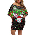 Merry Christmas Rabbitohs Off Shoulder Short Dress Aboriginal Santa Rugby Mascot - South Sydney Bunnies