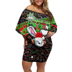 Merry Christmas Rabbitohs Off Shoulder Short Dress Aboriginal Santa Rugby Mascot - South Sydney Bunnies