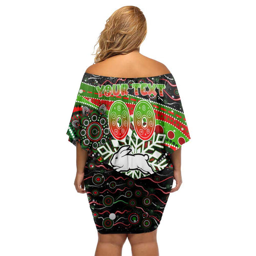 Merry Christmas Rabbitohs Off Shoulder Short Dress Aboriginal Santa Rugby Mascot - South Sydney Bunnies