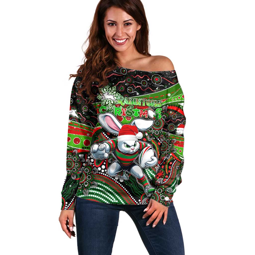 Merry Christmas Rabbitohs Off Shoulder Sweater Aboriginal Santa Rugby Mascot - South Sydney Bunnies