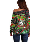 Merry Christmas Rabbitohs Off Shoulder Sweater Aboriginal Santa Rugby Mascot - South Sydney Bunnies