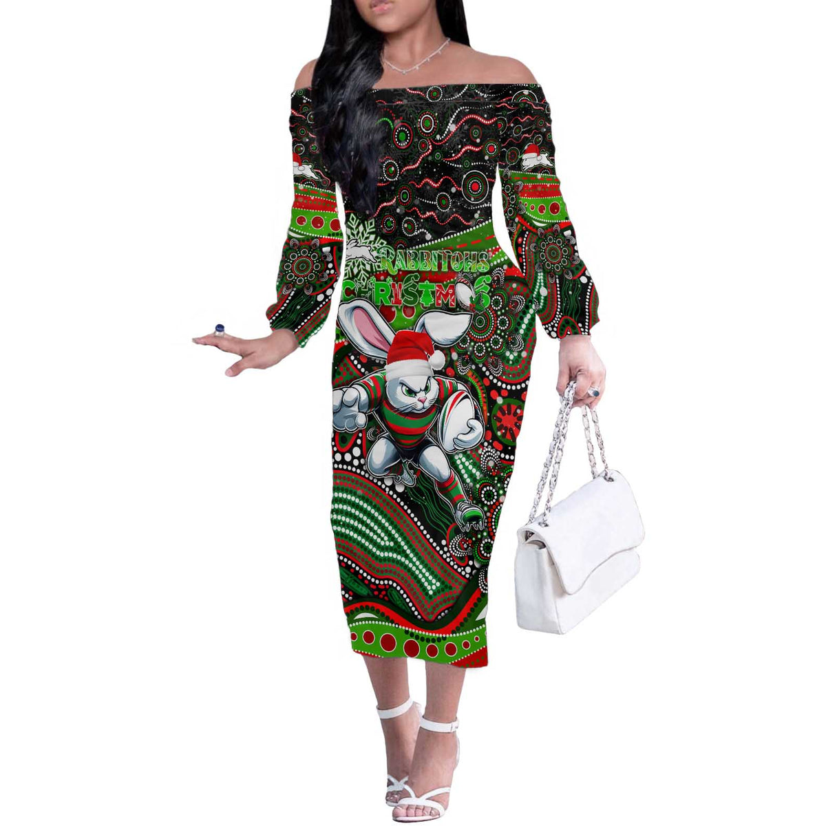 Merry Christmas Rabbitohs Off The Shoulder Long Sleeve Dress Aboriginal Santa Rugby Mascot - South Sydney Bunnies