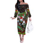 Merry Christmas Rabbitohs Off The Shoulder Long Sleeve Dress Aboriginal Santa Rugby Mascot - South Sydney Bunnies