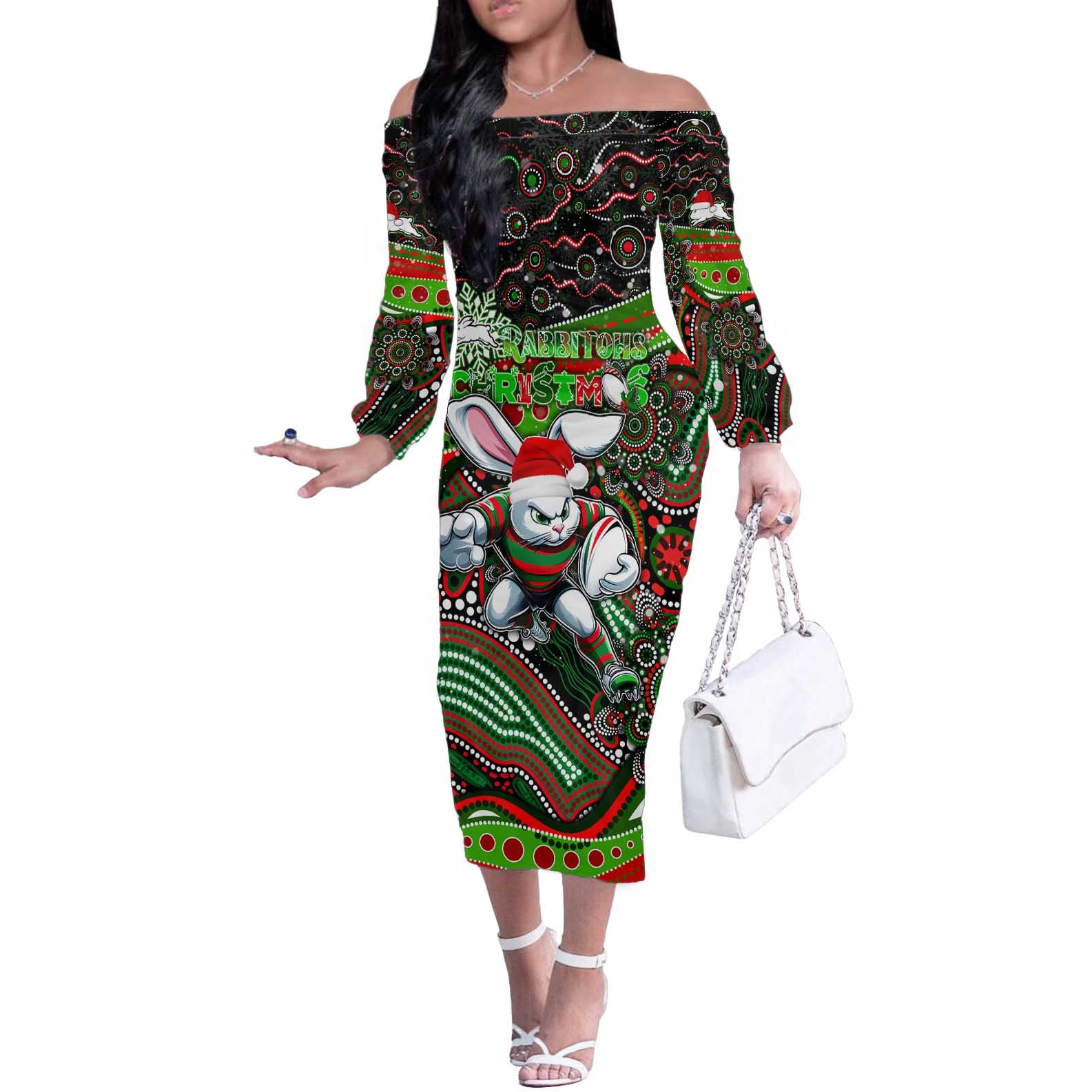 Merry Christmas Rabbitohs Off The Shoulder Long Sleeve Dress Aboriginal Santa Rugby Mascot - South Sydney Bunnies