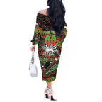 Merry Christmas Rabbitohs Off The Shoulder Long Sleeve Dress Aboriginal Santa Rugby Mascot - South Sydney Bunnies