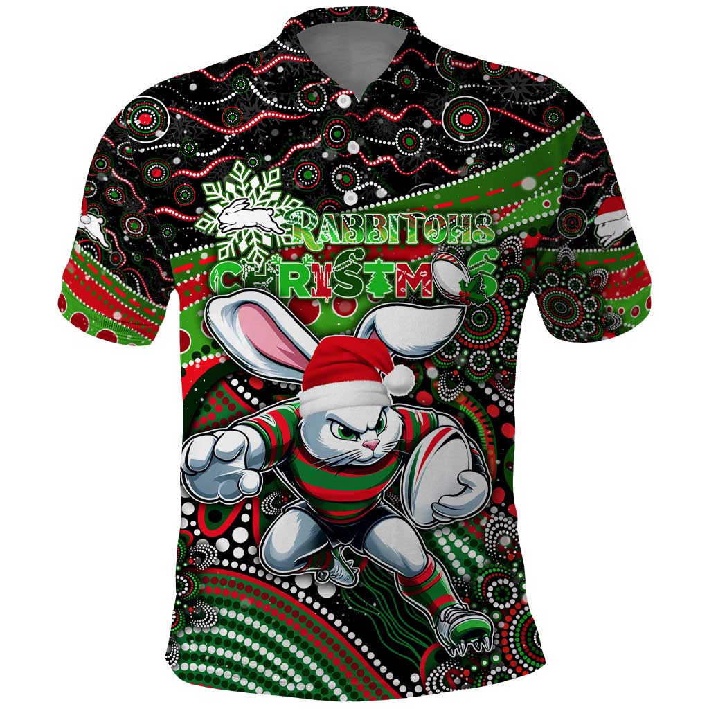 Merry Christmas Rabbitohs Polo Shirt Aboriginal Santa Rugby Mascot - South Sydney Bunnies