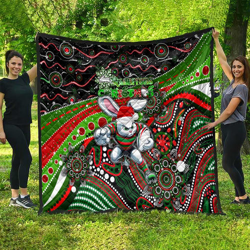 Merry Christmas Rabbitohs Quilt Aboriginal Santa Rugby Mascot - South Sydney Bunnies