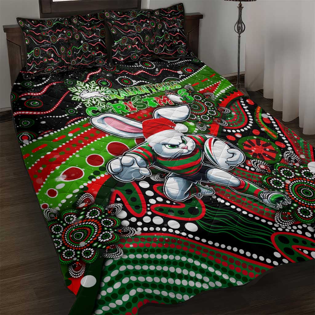 Merry Christmas Rabbitohs Quilt Bed Set Aboriginal Santa Rugby Mascot - South Sydney Bunnies