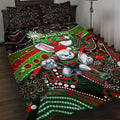 Merry Christmas Rabbitohs Quilt Bed Set Aboriginal Santa Rugby Mascot - South Sydney Bunnies