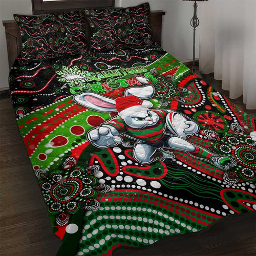 Merry Christmas Rabbitohs Quilt Bed Set Aboriginal Santa Rugby Mascot - South Sydney Bunnies