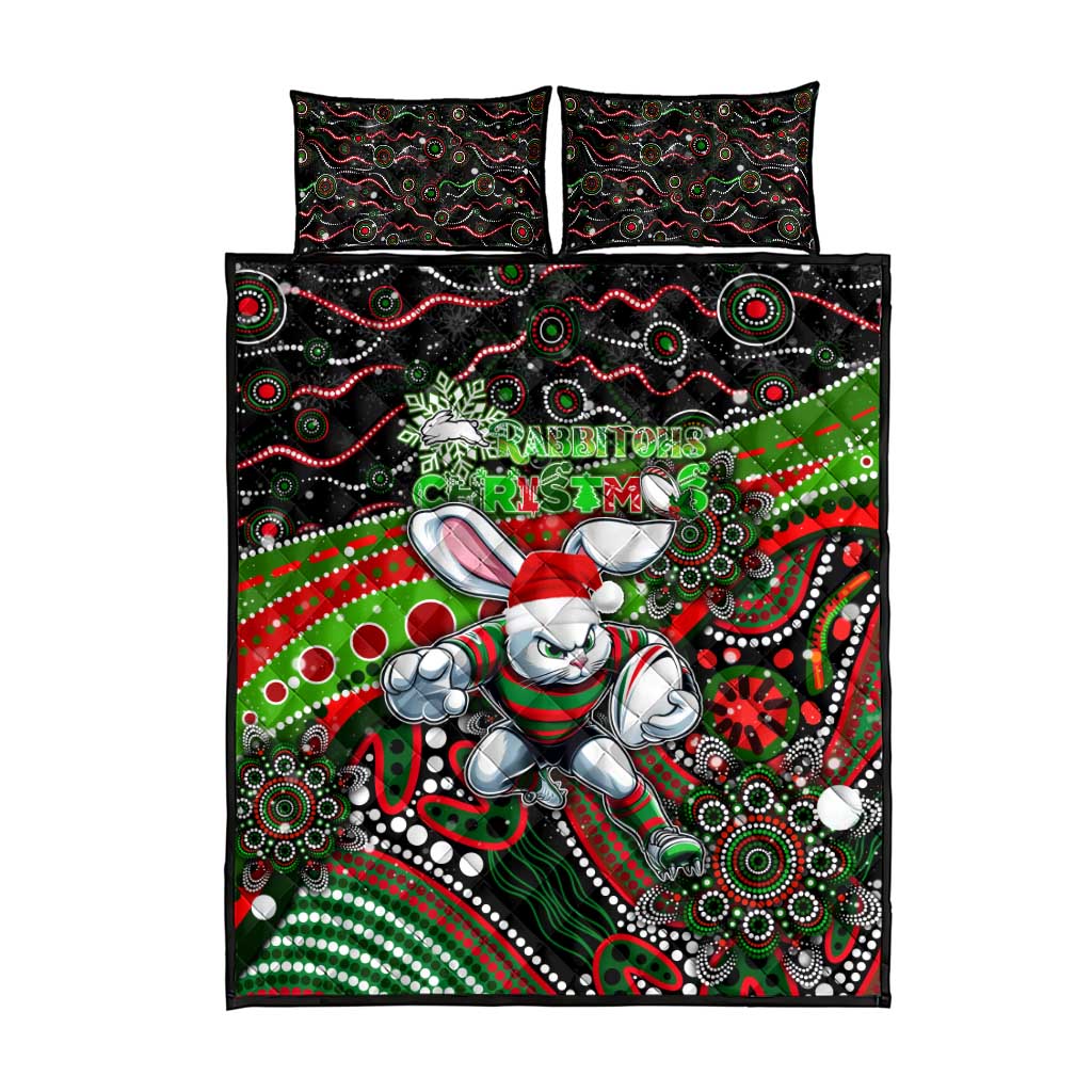 Merry Christmas Rabbitohs Quilt Bed Set Aboriginal Santa Rugby Mascot - South Sydney Bunnies