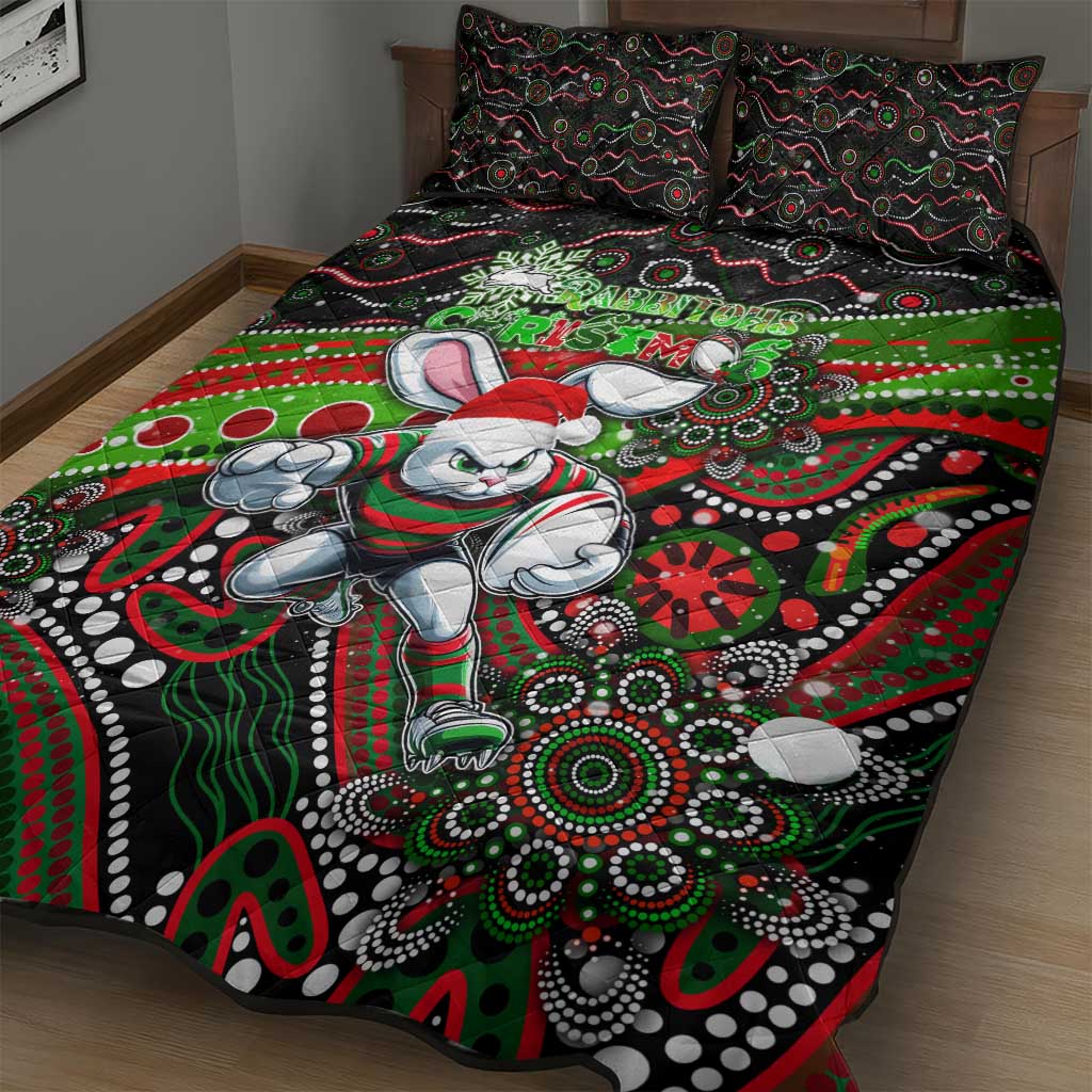 Merry Christmas Rabbitohs Quilt Bed Set Aboriginal Santa Rugby Mascot - South Sydney Bunnies