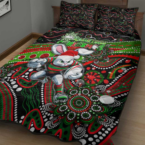 Merry Christmas Rabbitohs Quilt Bed Set Aboriginal Santa Rugby Mascot - South Sydney Bunnies