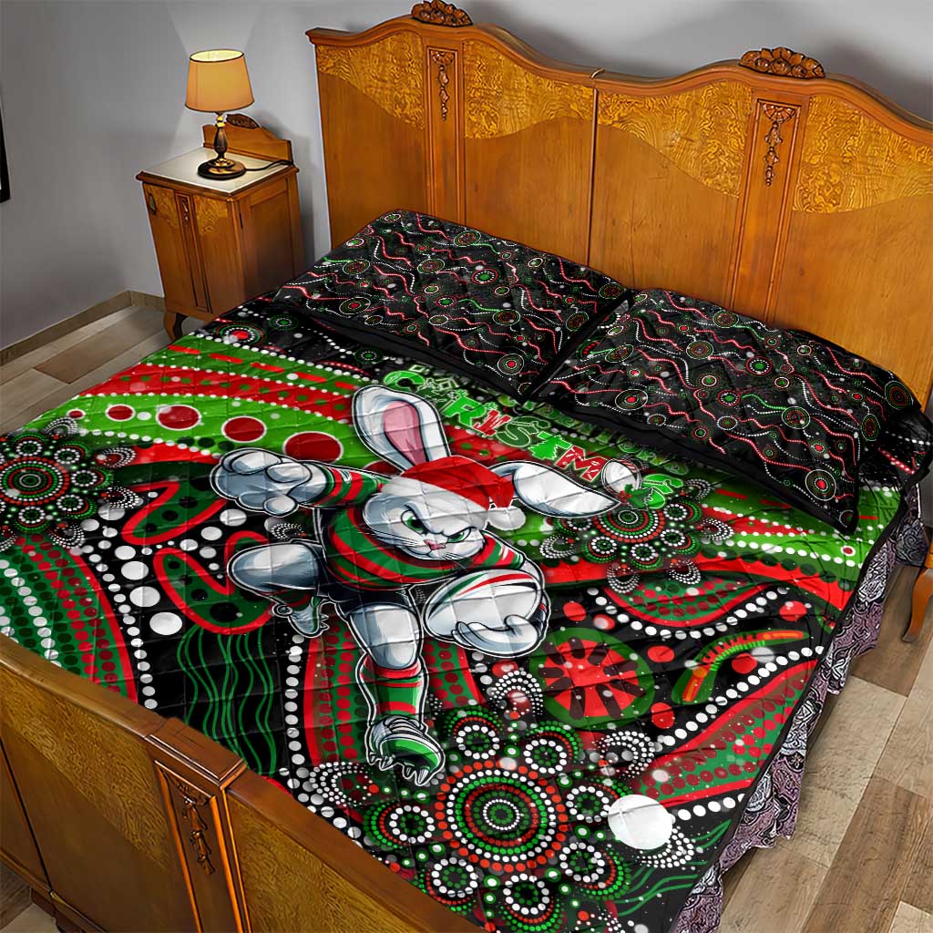 Merry Christmas Rabbitohs Quilt Bed Set Aboriginal Santa Rugby Mascot - South Sydney Bunnies