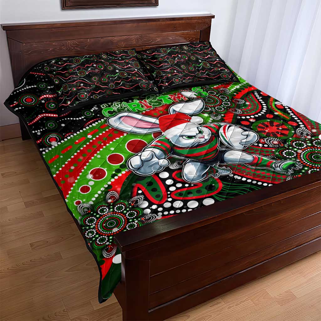 Merry Christmas Rabbitohs Quilt Bed Set Aboriginal Santa Rugby Mascot - South Sydney Bunnies