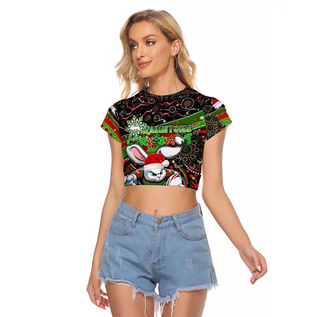 Merry Christmas Rabbitohs Raglan Cropped T Shirt Aboriginal Santa Rugby Mascot - South Sydney Bunnies