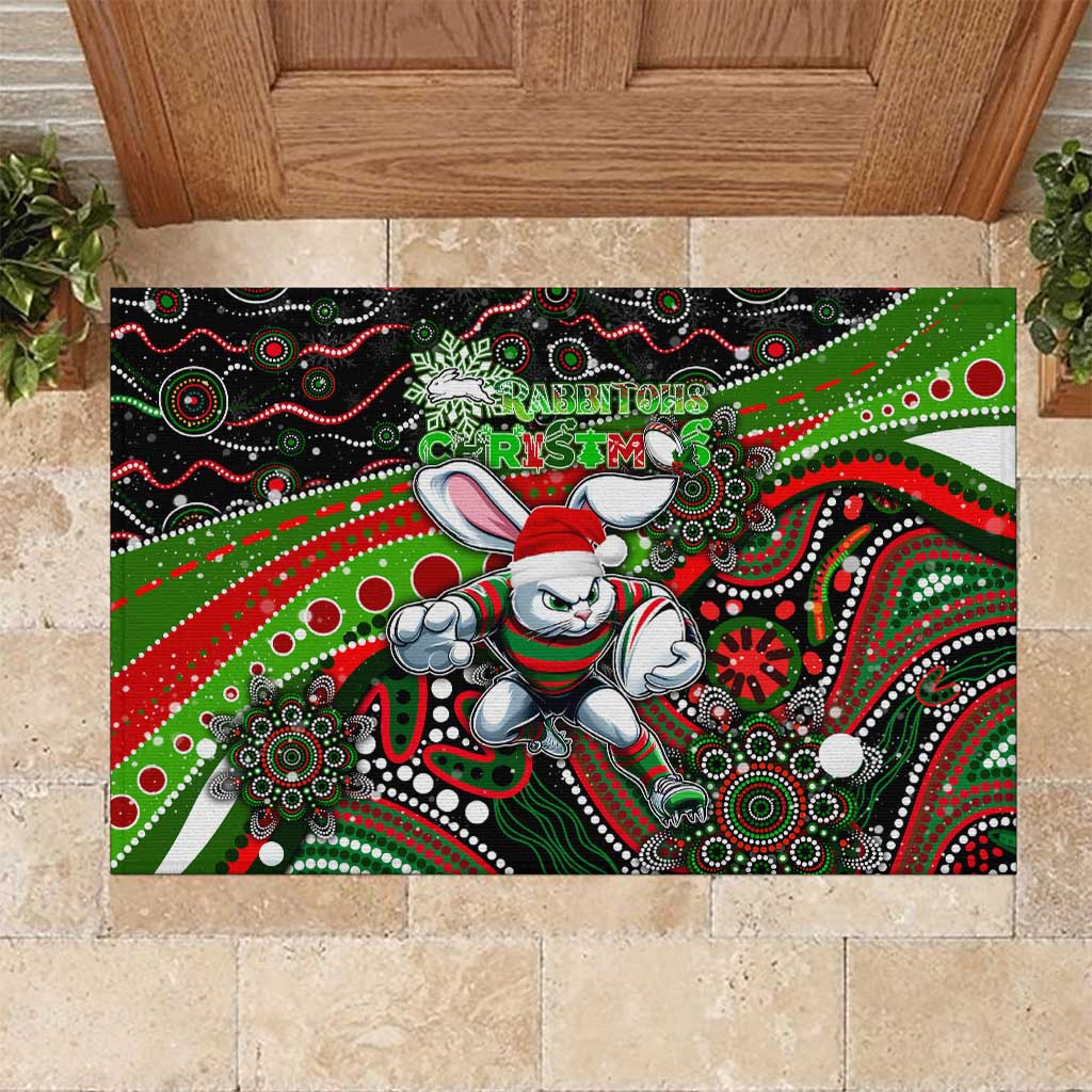 Merry Christmas Rabbitohs Rubber Doormat Aboriginal Santa Rugby Mascot - South Sydney Bunnies