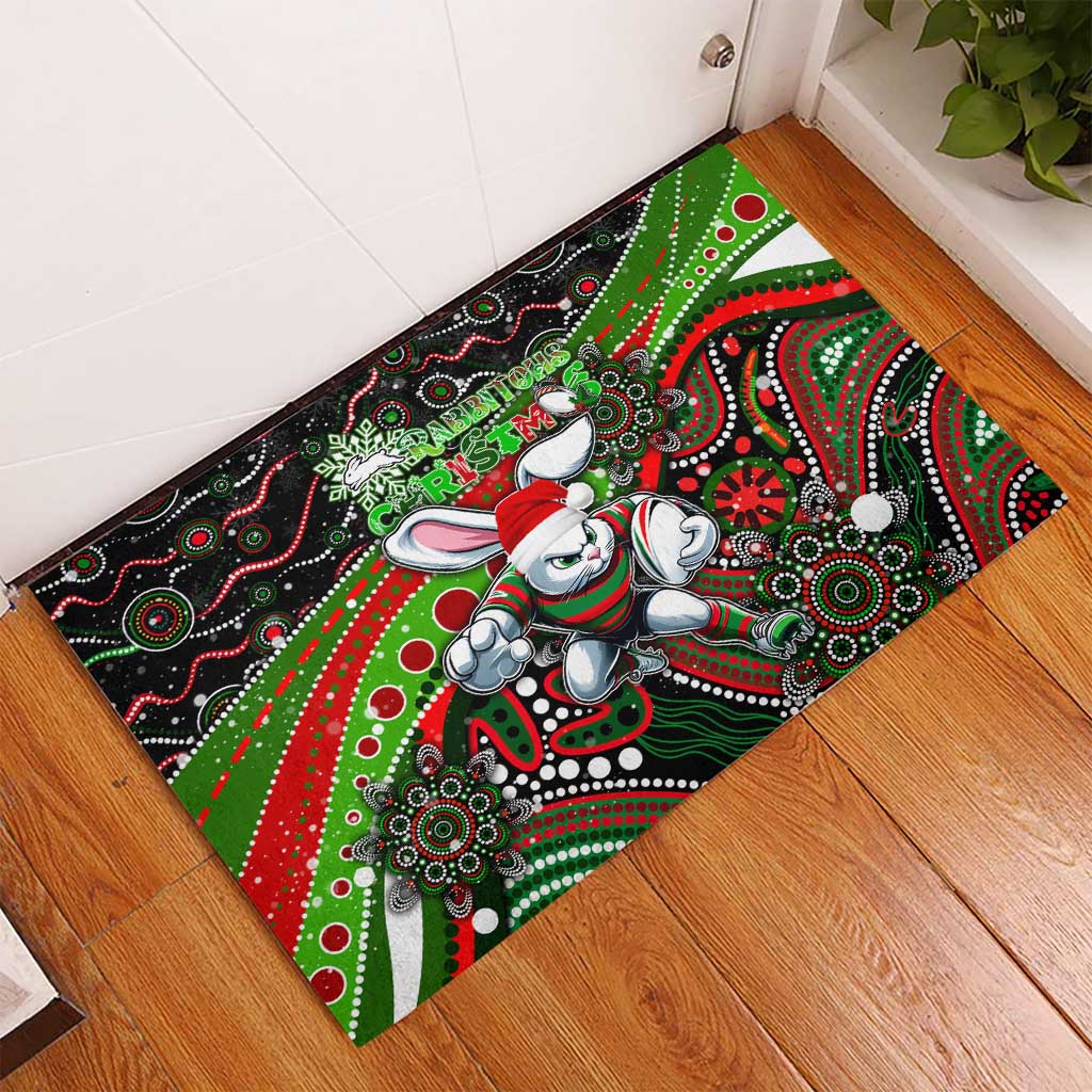 Merry Christmas Rabbitohs Rubber Doormat Aboriginal Santa Rugby Mascot - South Sydney Bunnies