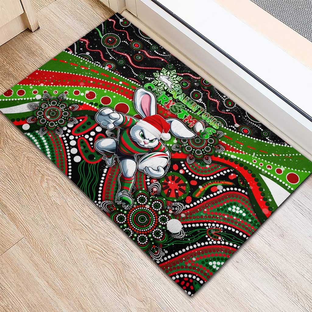 Merry Christmas Rabbitohs Rubber Doormat Aboriginal Santa Rugby Mascot - South Sydney Bunnies