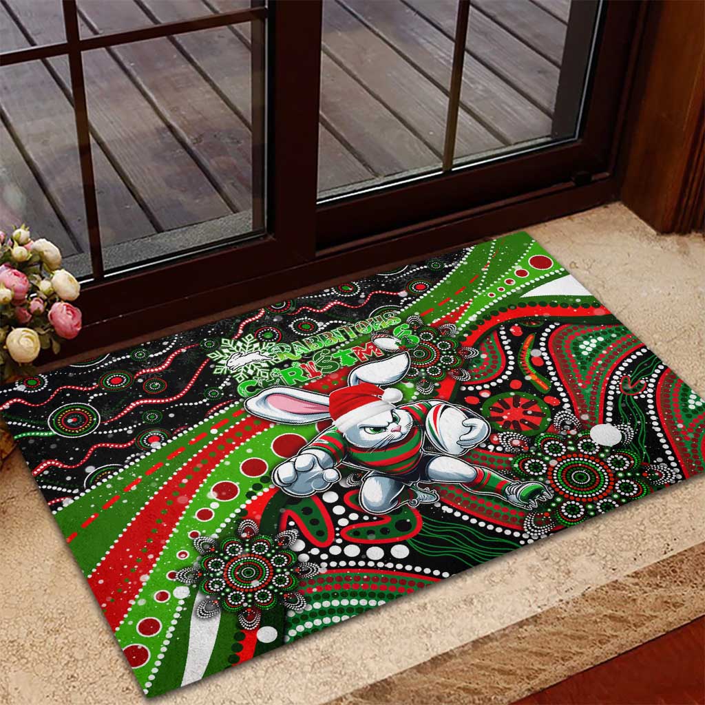 Merry Christmas Rabbitohs Rubber Doormat Aboriginal Santa Rugby Mascot - South Sydney Bunnies