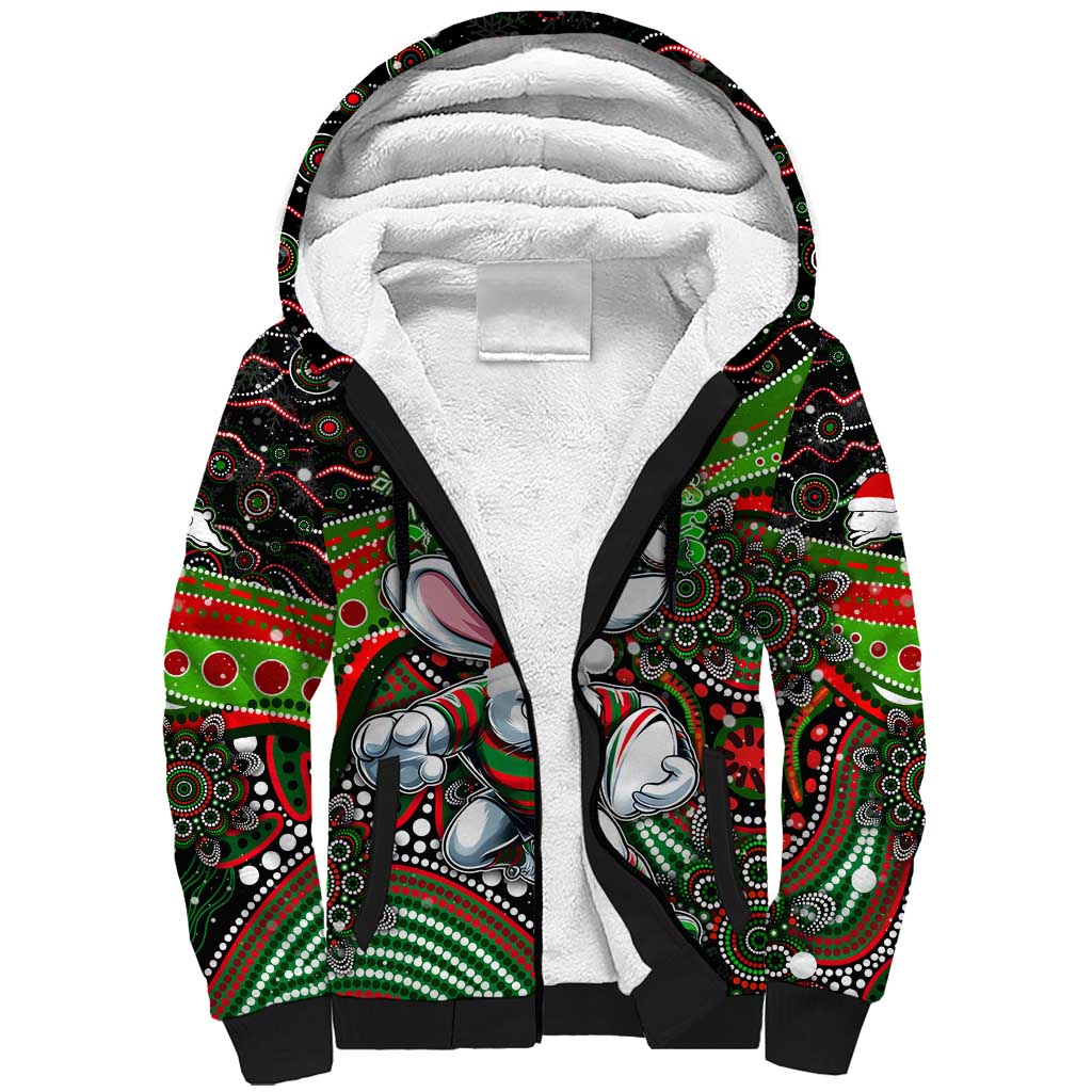Merry Christmas Rabbitohs Sherpa Hoodie Aboriginal Santa Rugby Mascot - South Sydney Bunnies