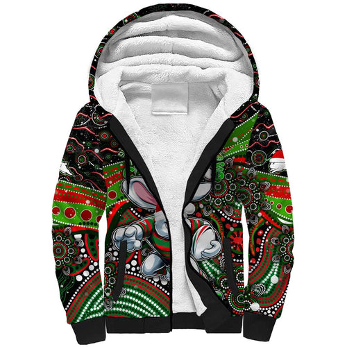 Merry Christmas Rabbitohs Sherpa Hoodie Aboriginal Santa Rugby Mascot - South Sydney Bunnies