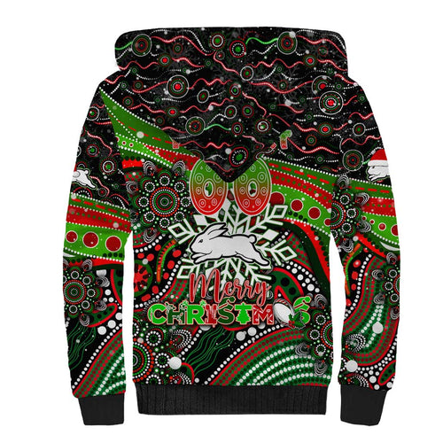 Merry Christmas Rabbitohs Sherpa Hoodie Aboriginal Santa Rugby Mascot - South Sydney Bunnies