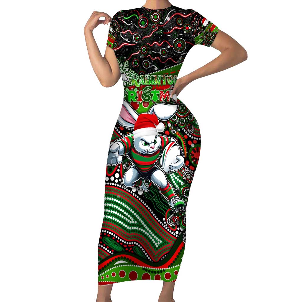 Merry Christmas Rabbitohs Short Sleeve Bodycon Dress Aboriginal Santa Rugby Mascot - South Sydney Bunnies