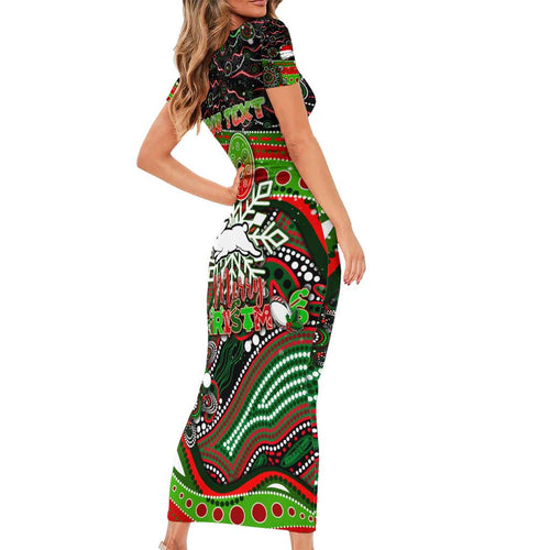 Merry Christmas Rabbitohs Short Sleeve Bodycon Dress Aboriginal Santa Rugby Mascot - South Sydney Bunnies